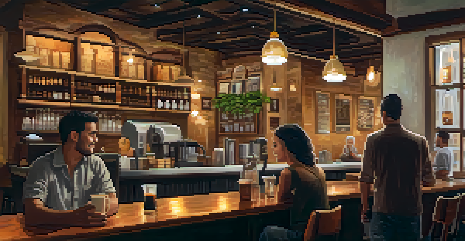 A barista brewing coffee in a cozy São Paulo café, with patrons enjoying their drinks.