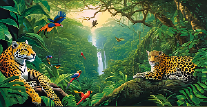 A vivid depiction of the Amazon Rainforest featuring a jaguar, poison dart frogs, and tropical birds, with sunlight filtering through the trees.