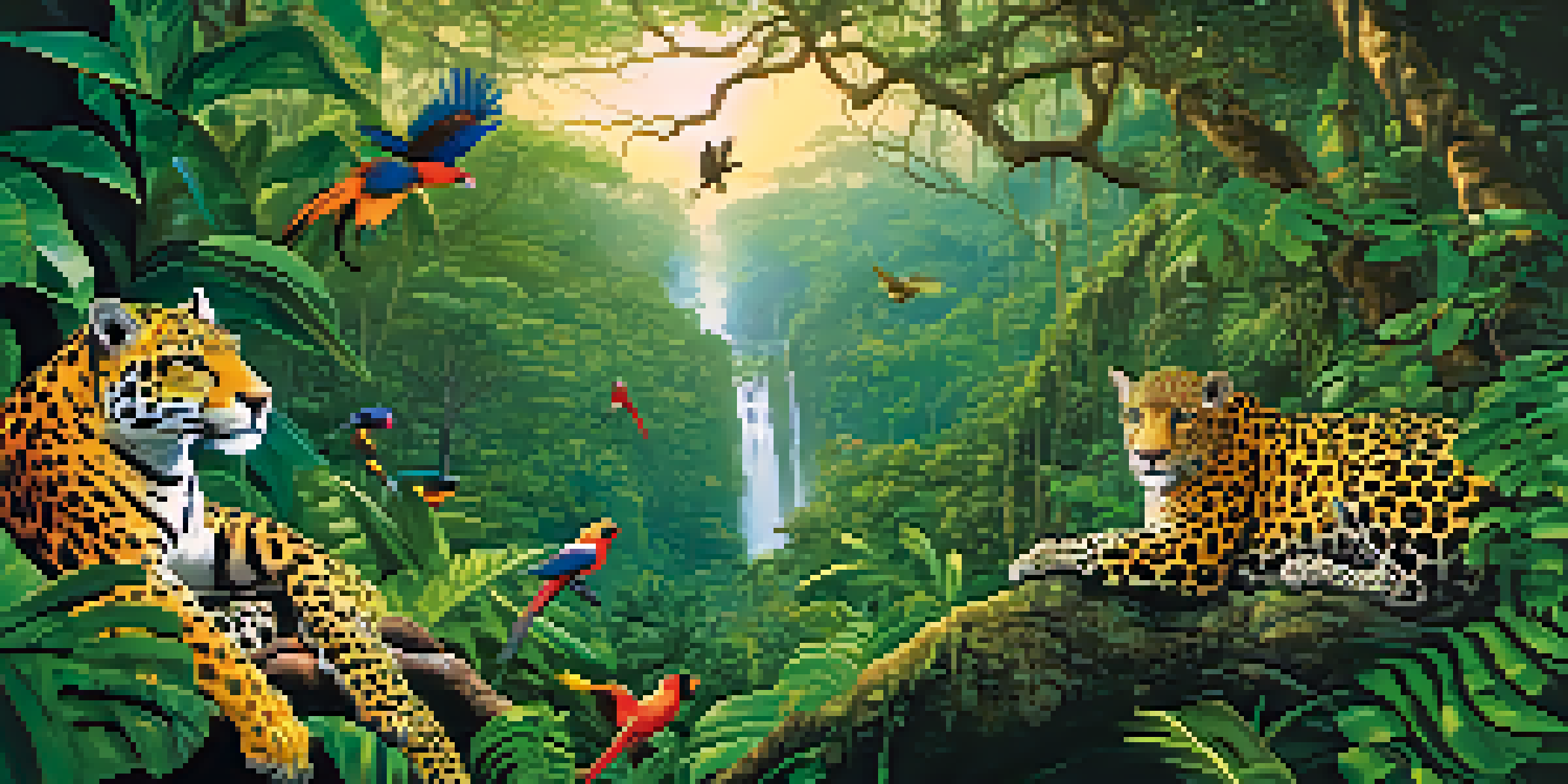A vivid depiction of the Amazon Rainforest featuring a jaguar, poison dart frogs, and tropical birds, with sunlight filtering through the trees.