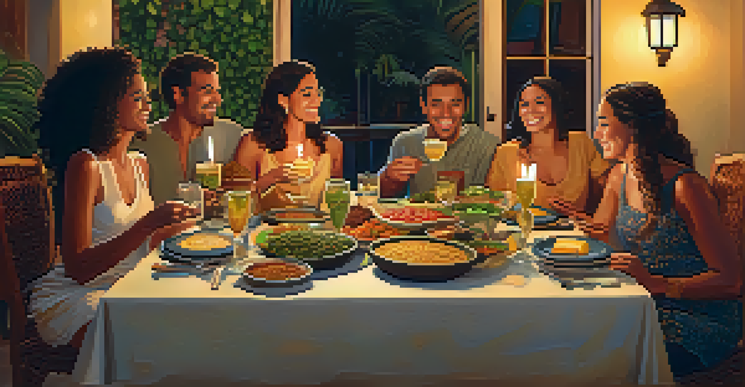 Friends enjoying a festive New Year's Eve meal with traditional Brazilian dishes and drinks on a beautifully set table.