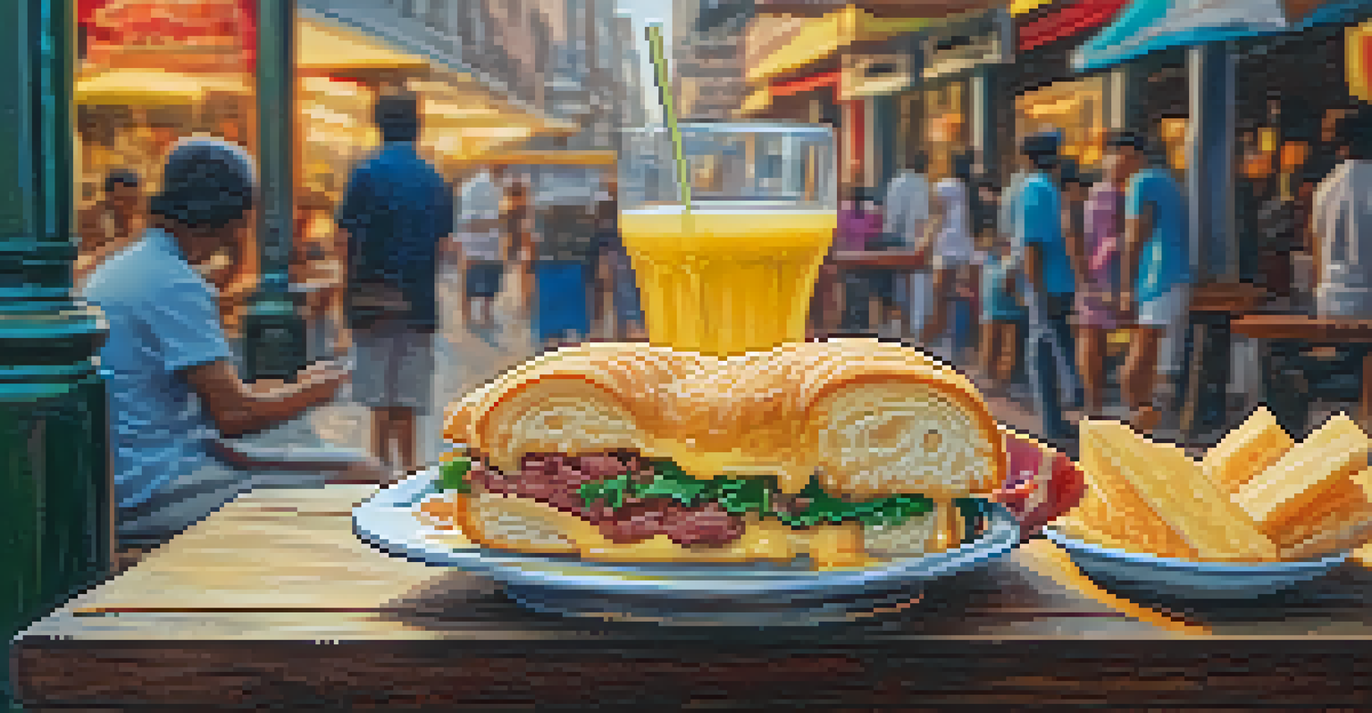 A close-up of a golden pastel filled with cheese and meat, with a glass of sugarcane juice on a table.