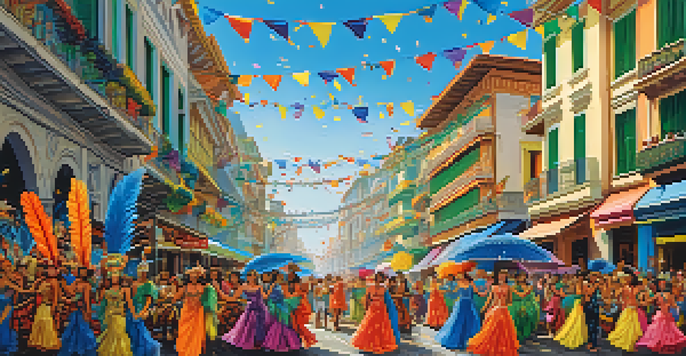 A lively Rio de Janeiro Carnival scene with people in colorful costumes and historical buildings in the background.