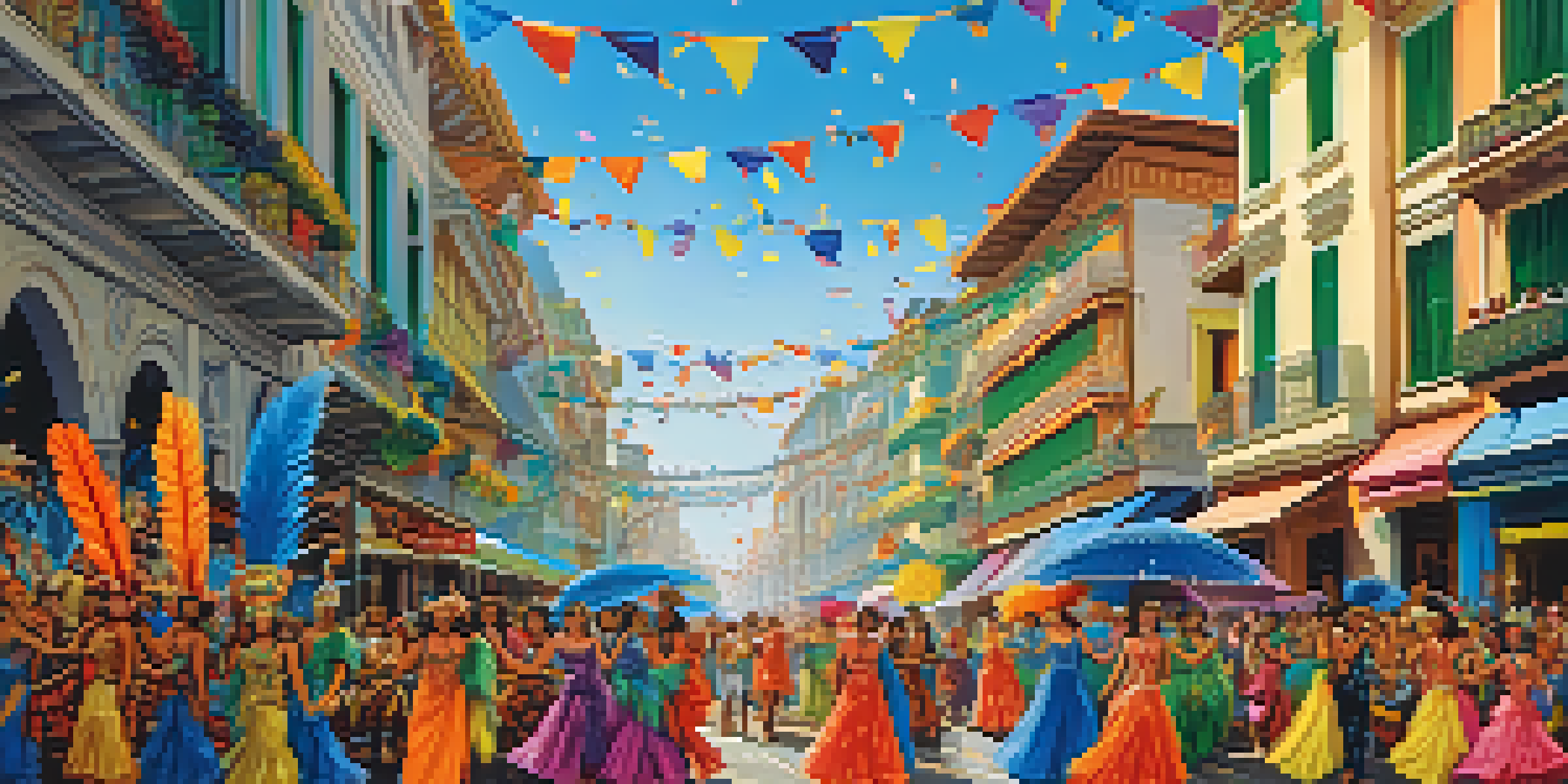 A lively Rio de Janeiro Carnival scene with people in colorful costumes and historical buildings in the background.