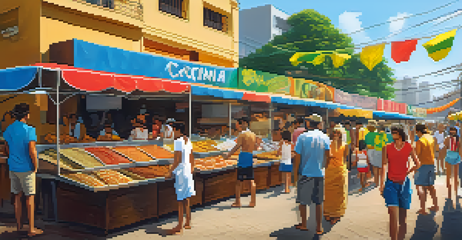 A bustling street food market with stalls selling Brazilian snacks and people enjoying the lively atmosphere near a sports venue.