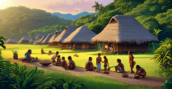 A traditional Indigenous village in Brazil with thatched-roof houses and people engaged in communal activities, set against a sunset backdrop.