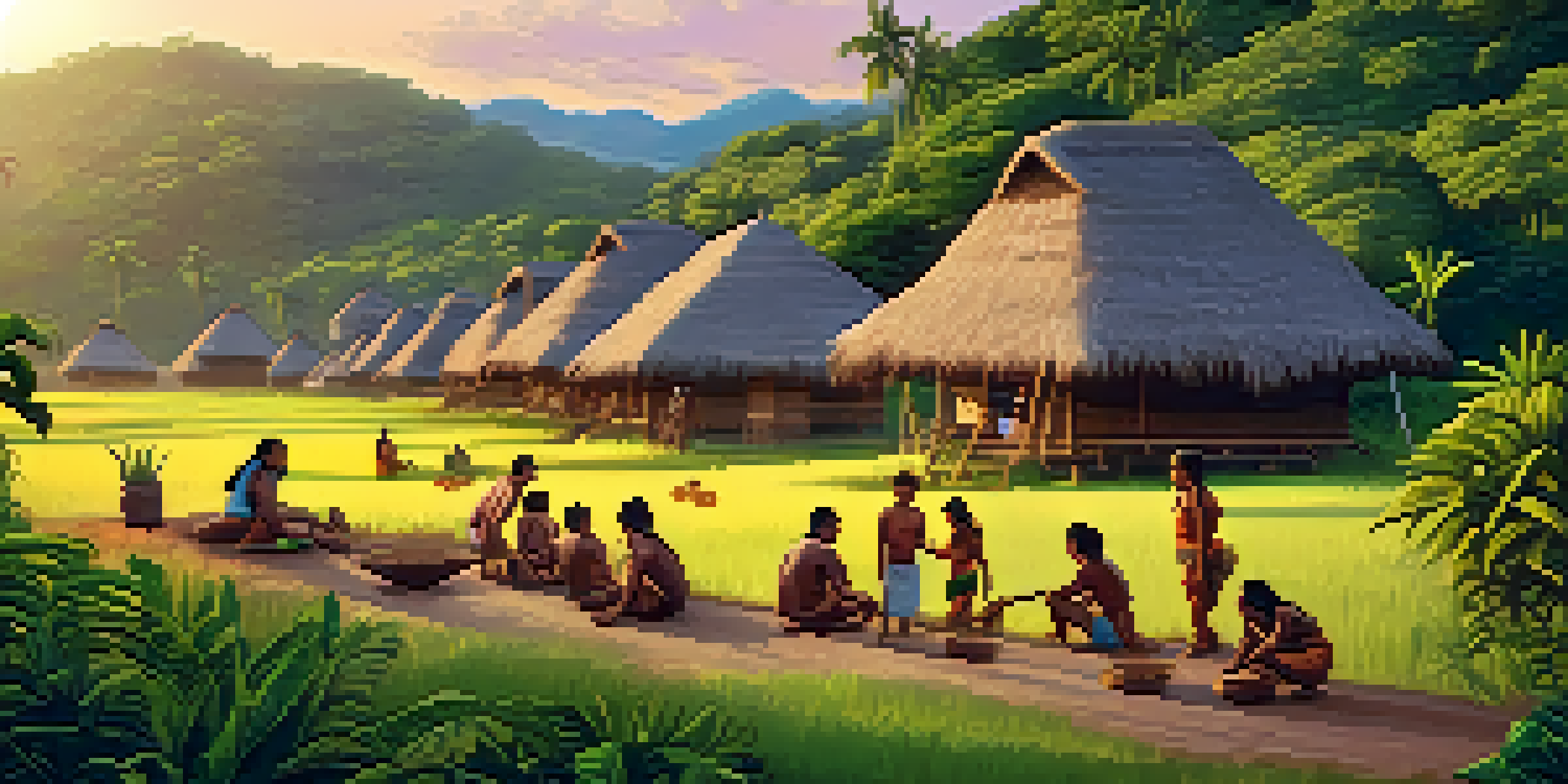 A traditional Indigenous village in Brazil with thatched-roof houses and people engaged in communal activities, set against a sunset backdrop.