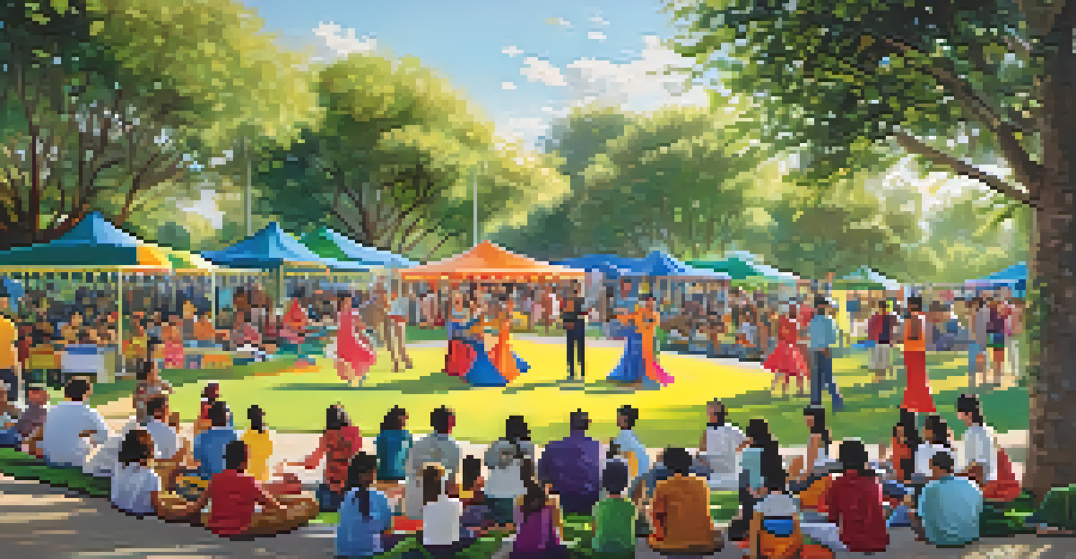 A vibrant cultural event in a park with music, dance, and people enjoying the festivities.