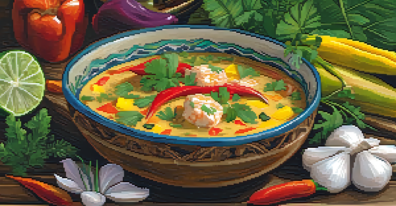 A close-up view of moqueca, a traditional Brazilian fish stew, presented in a rustic bowl surrounded by tropical decor.
