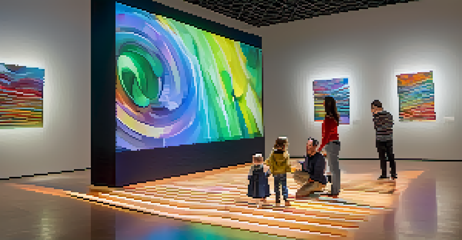 A parent and child working together on a digital art installation in a modern interactive museum.
