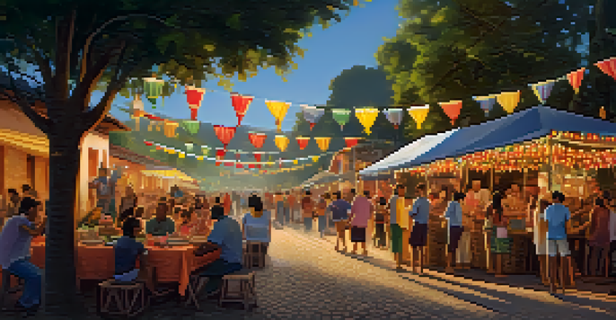 A lively street filled with colorful decorations for Festa Junina, featuring families enjoying traditional foods and wearing festive clothing, illuminated by warm evening light.