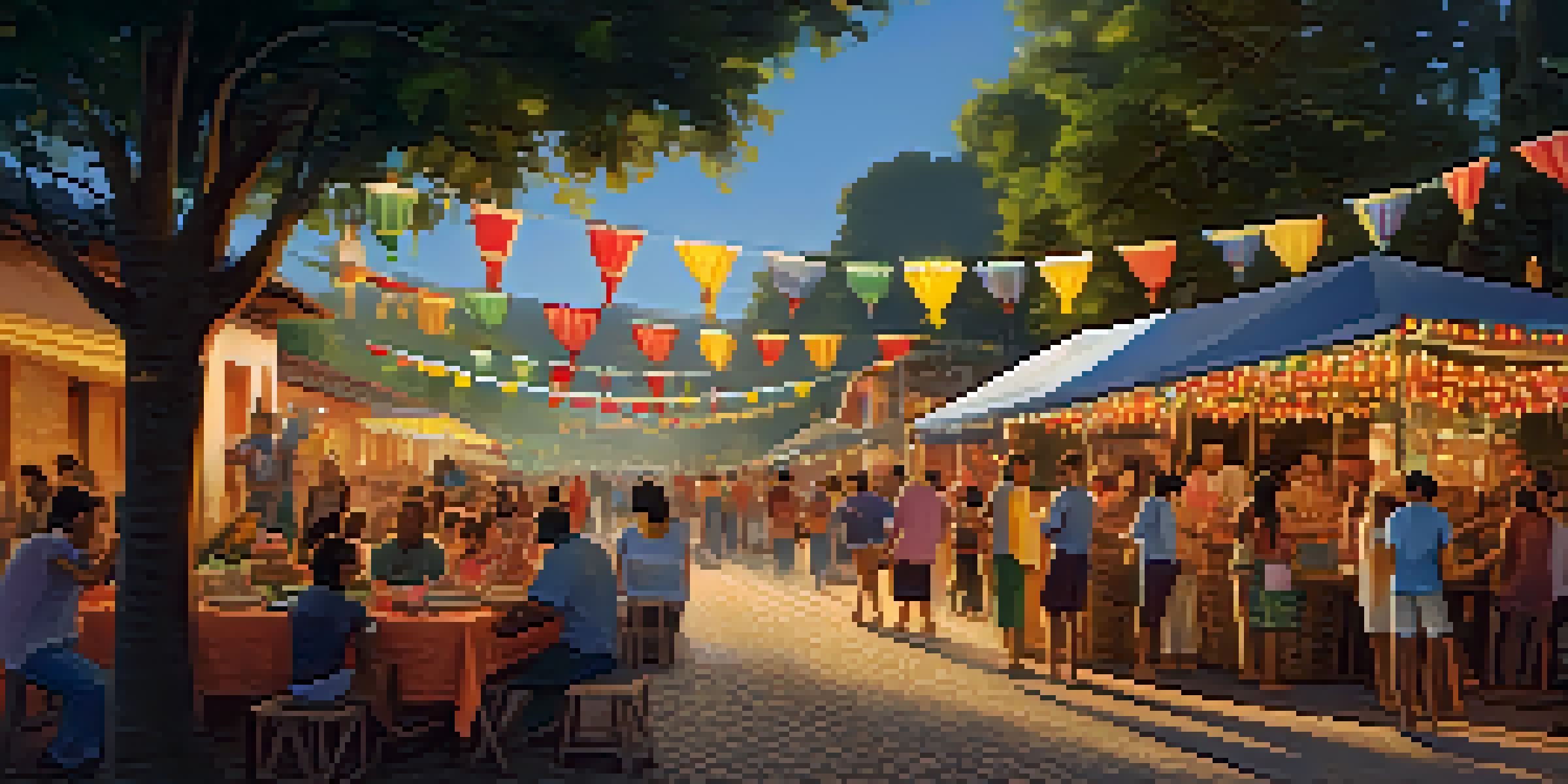 A lively street filled with colorful decorations for Festa Junina, featuring families enjoying traditional foods and wearing festive clothing, illuminated by warm evening light.
