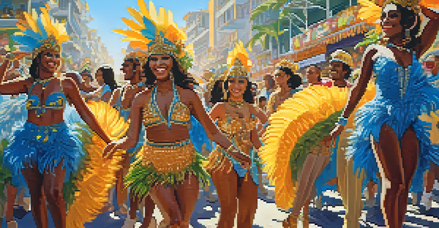 A festive street scene in Rio de Janeiro with Samba dancers in colorful costumes and lively crowds.