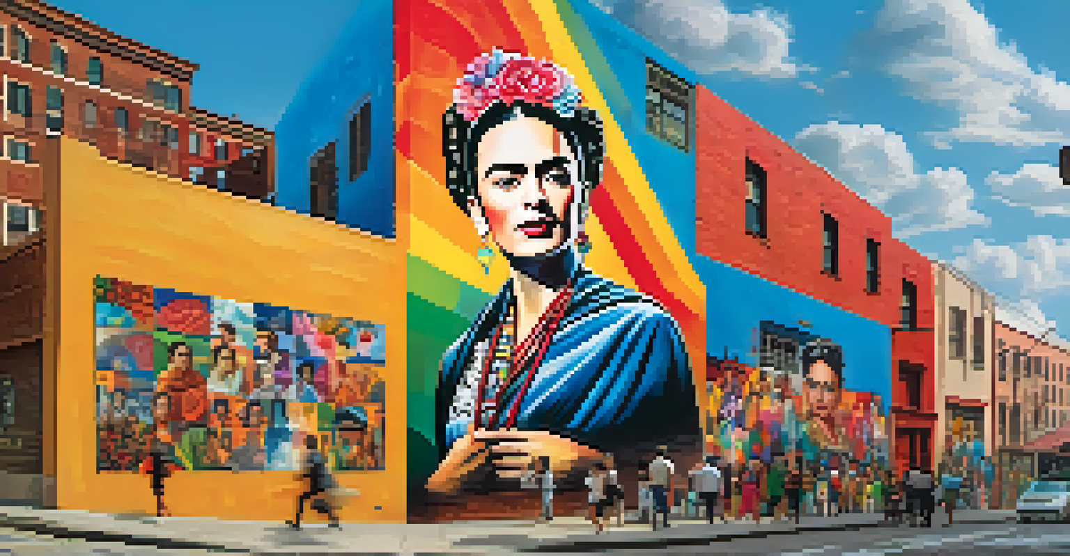A colorful mural of Frida Kahlo by Eduardo Kobra, surrounded by an urban landscape with people observing the artwork.