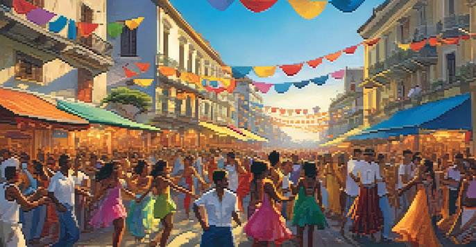 A lively street scene depicting dancers in colorful costumes celebrating during Salvador's Carnival with a sunset background.