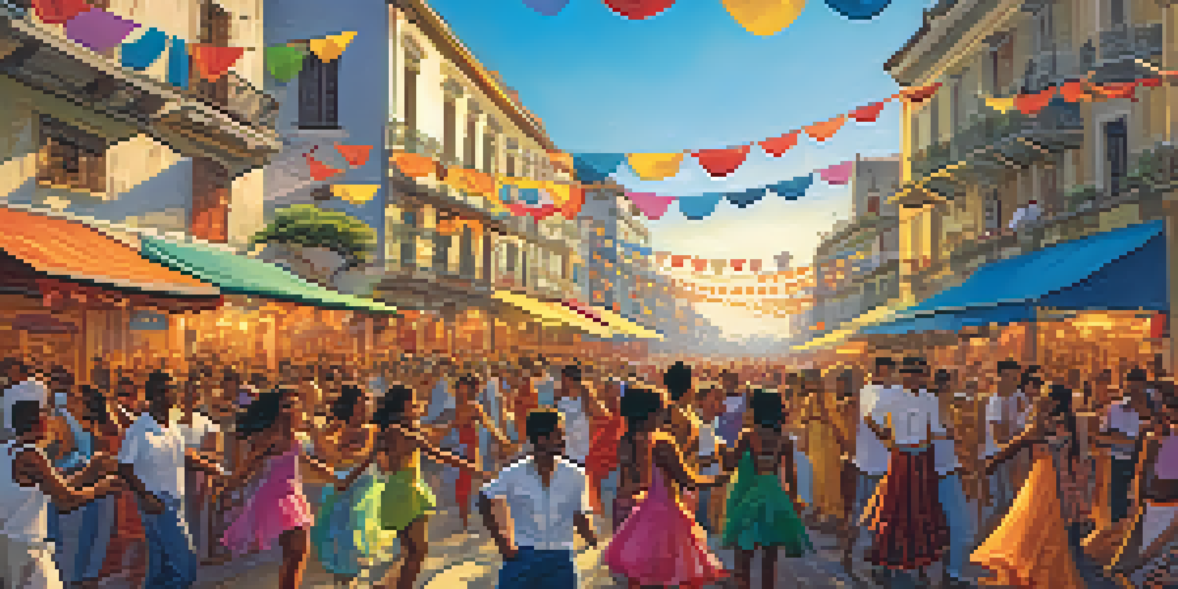 A lively street scene depicting dancers in colorful costumes celebrating during Salvador's Carnival with a sunset background.
