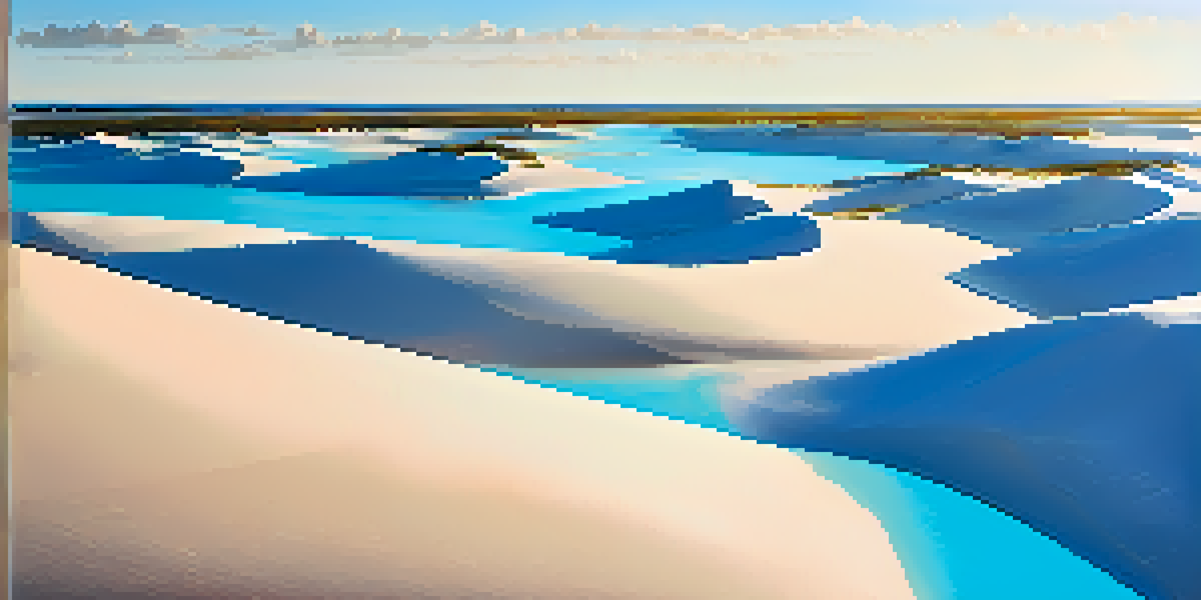 A vast landscape of white sand dunes and turquoise lagoons in Lençóis Maranhenses National Park, under a clear blue sky.