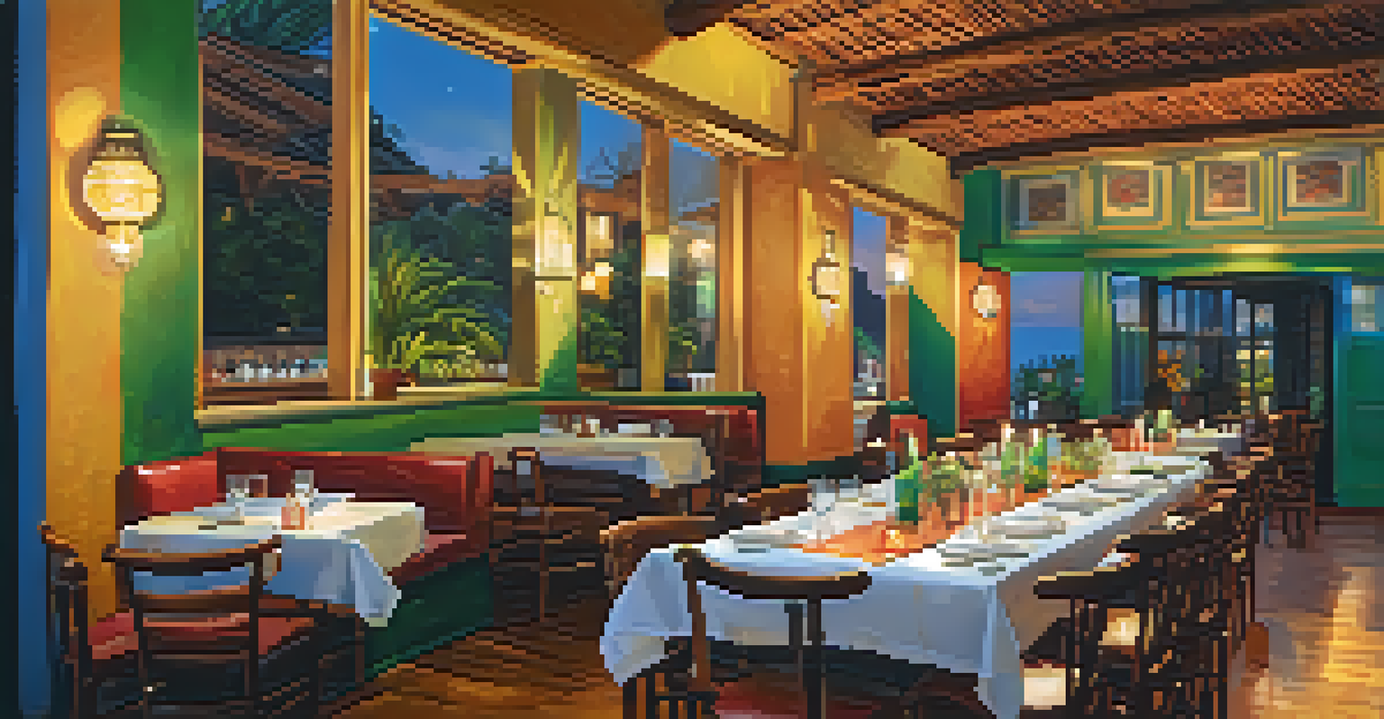 An inviting scene in an LGBTQ+-friendly restaurant in Rio, with beautifully plated Brazilian dishes and diners enjoying their meals.