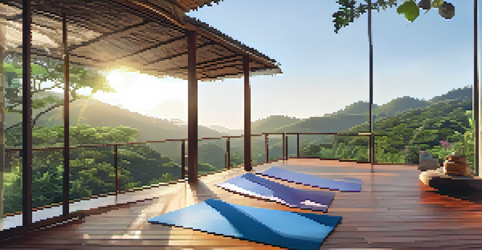 A peaceful yoga retreat in the green hills of Minas Gerais, featuring yoga mats on a wooden deck surrounded by nature.