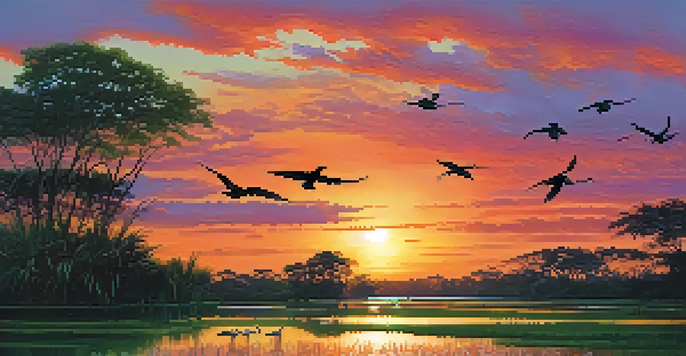 A sunset over the Pantanal wetlands with exotic birds flying and reflecting colors in the water.