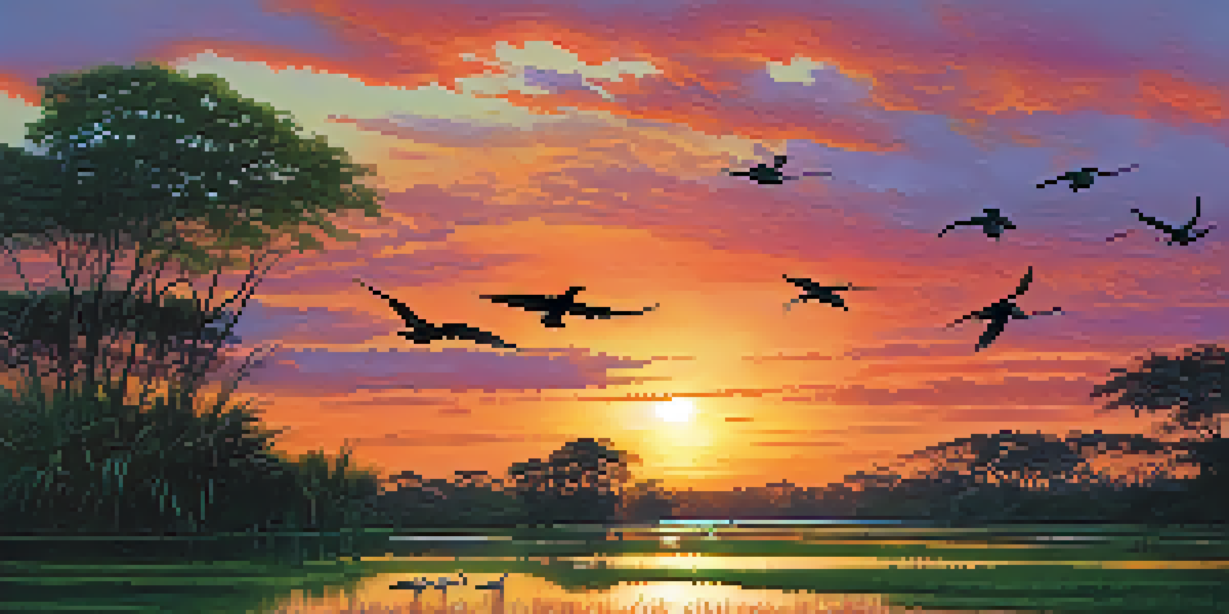 A sunset over the Pantanal wetlands with exotic birds flying and reflecting colors in the water.
