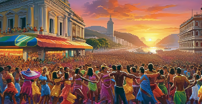 A lively scene depicting a samba parade during Brazilian Carnival with dancers in colorful costumes and a cheering crowd, set against the backdrop of Rio de Janeiro.