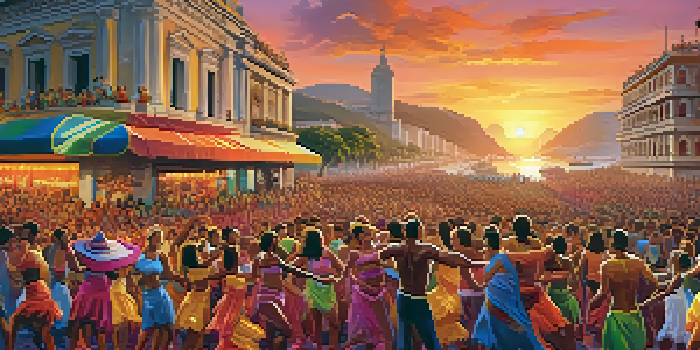 A lively scene depicting a samba parade during Brazilian Carnival with dancers in colorful costumes and a cheering crowd, set against the backdrop of Rio de Janeiro.