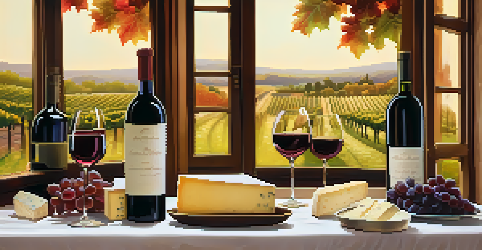 A beautifully arranged wine tasting table with glasses of wine, cheeses, and chocolates in a vineyard setting.