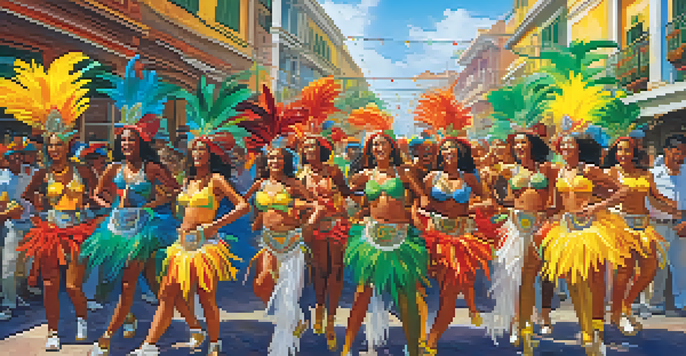 A lively street scene from Brazilian Carnival with dancers in colorful costumes and a festive atmosphere.