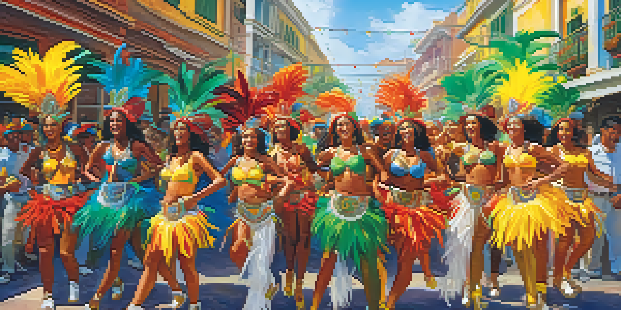 A lively street scene from Brazilian Carnival with dancers in colorful costumes and a festive atmosphere.