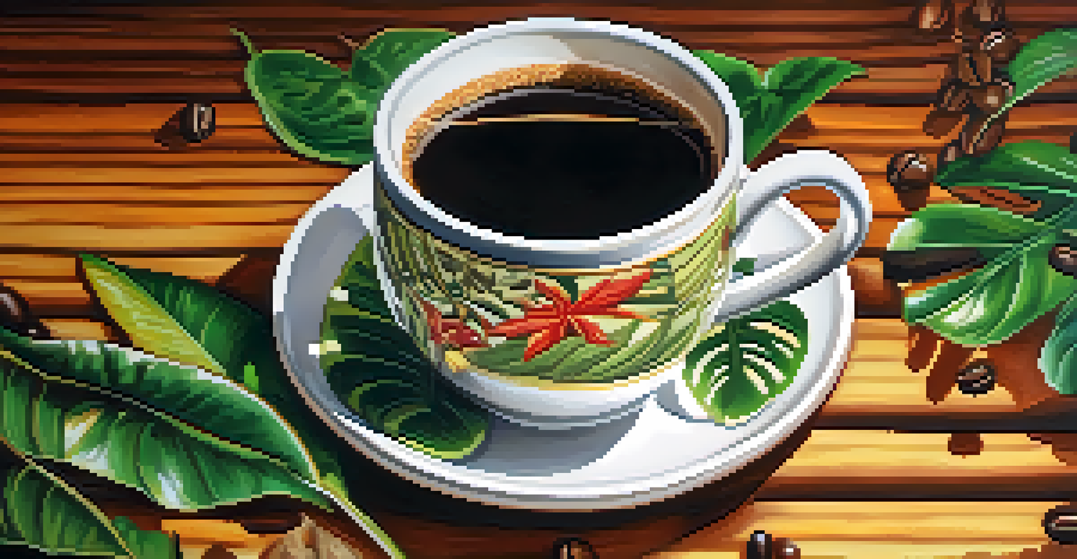 A close-up of a steaming cup of Brazilian coffee surrounded by coffee beans and tropical leaves.