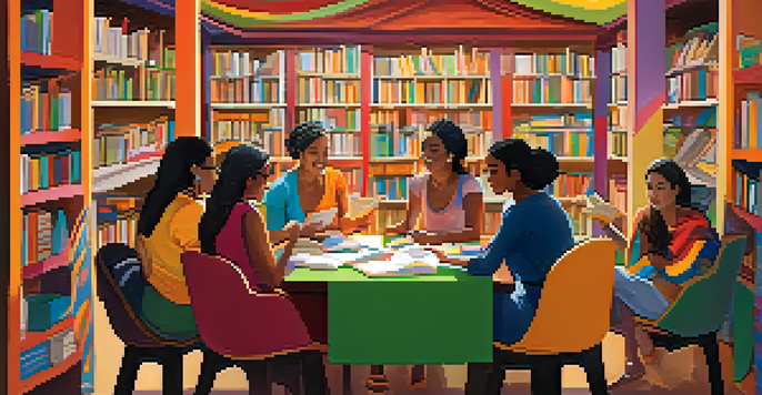 A lively Brazilian literary festival with female authors interacting with an audience, surrounded by colorful decorations and books.