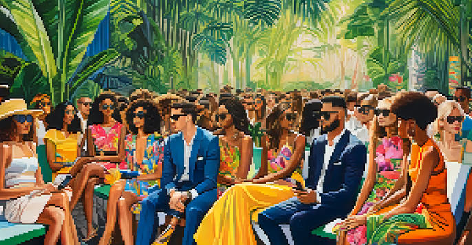 A lively runway at Brazilian fashion week with diverse models in colorful outfits, surrounded by tropical plants and an excited audience.