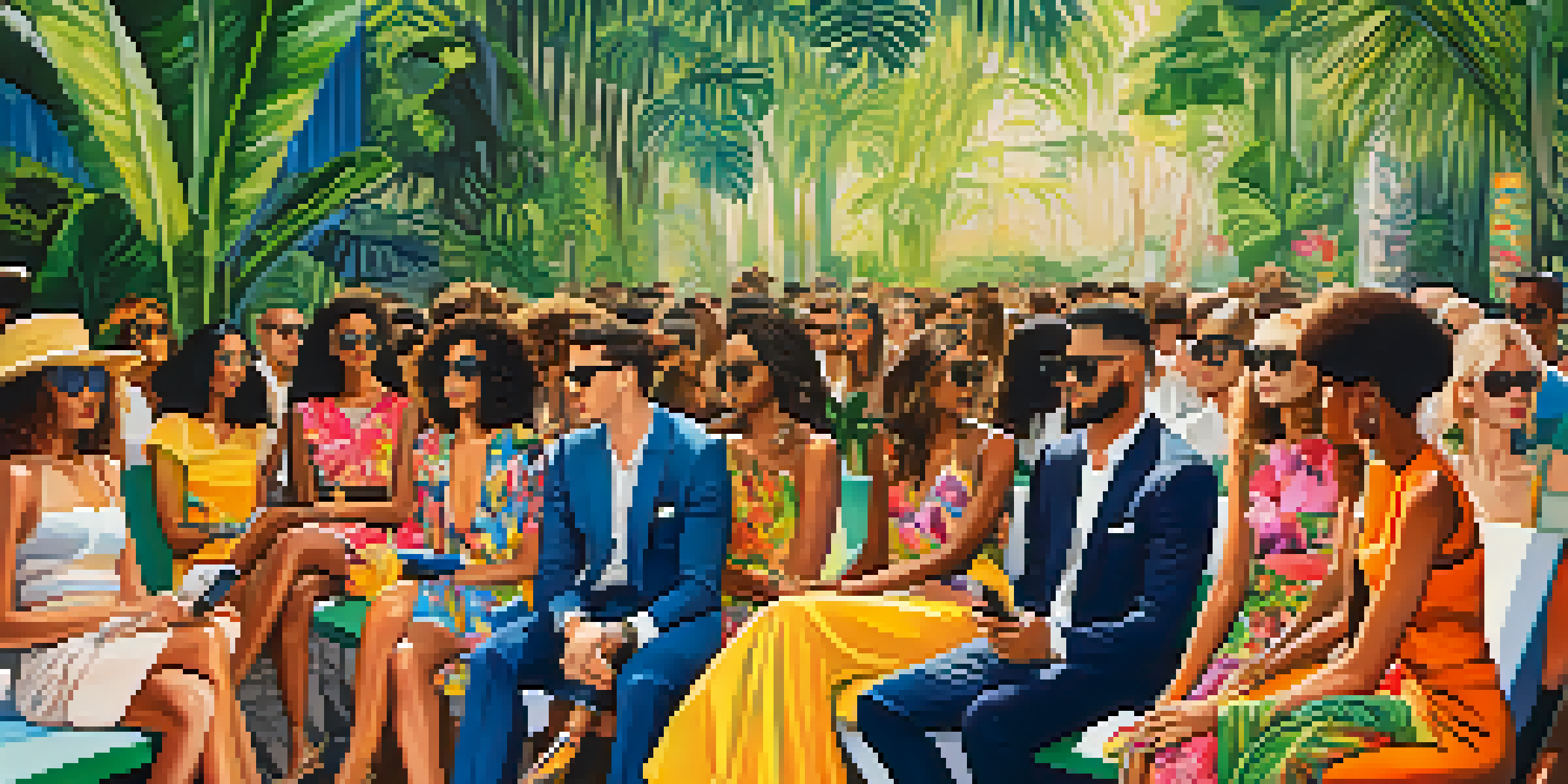 A lively runway at Brazilian fashion week with diverse models in colorful outfits, surrounded by tropical plants and an excited audience.