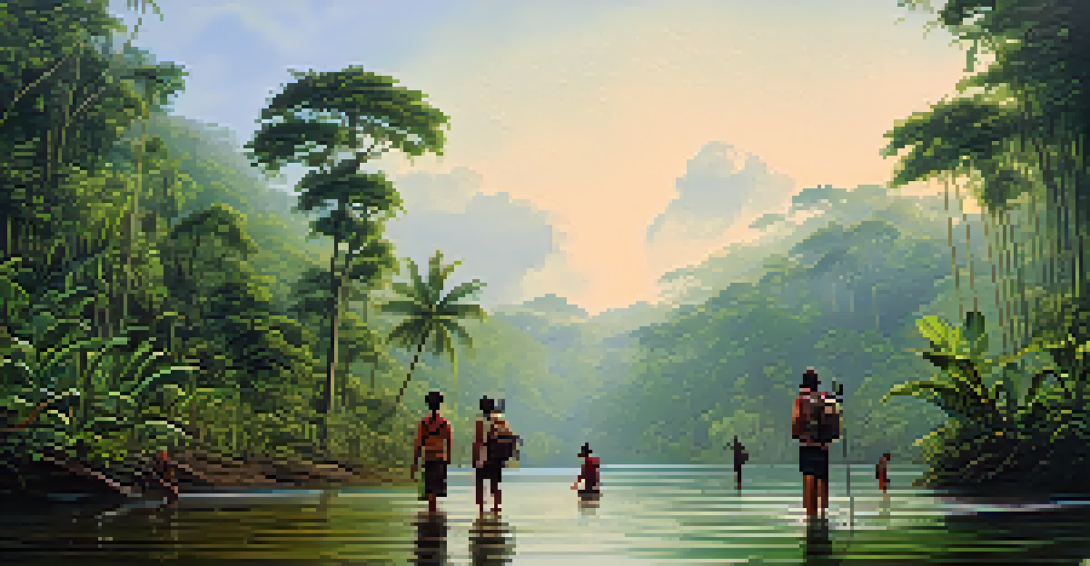 An indigenous guide in the Amazon rainforest leading tourists and sharing knowledge about sustainable practices amidst lush greenery.