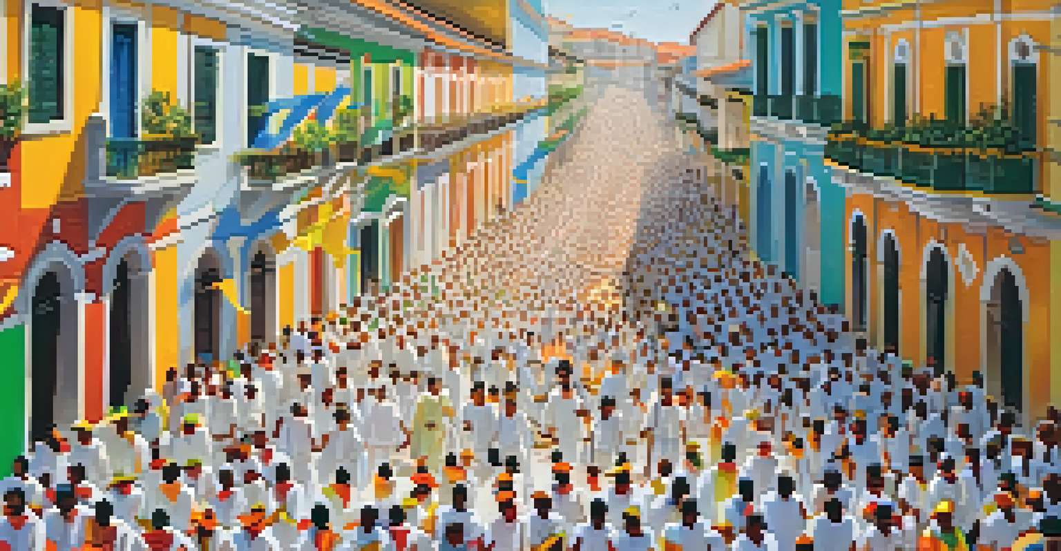 A peaceful procession of people in white clothing walking towards a church, surrounded by colorful ribbons and local food stalls at the Festa do Senhor do Bonfim.
