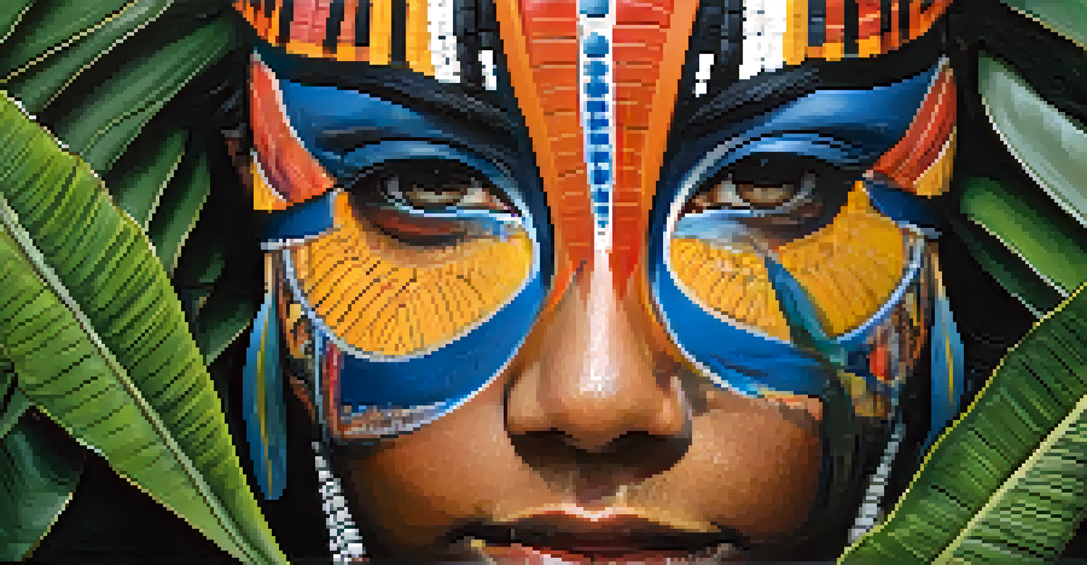 Close-up of a Kayapo body painting with intricate designs in vibrant colors, set against a backdrop of leaves and flowers.
