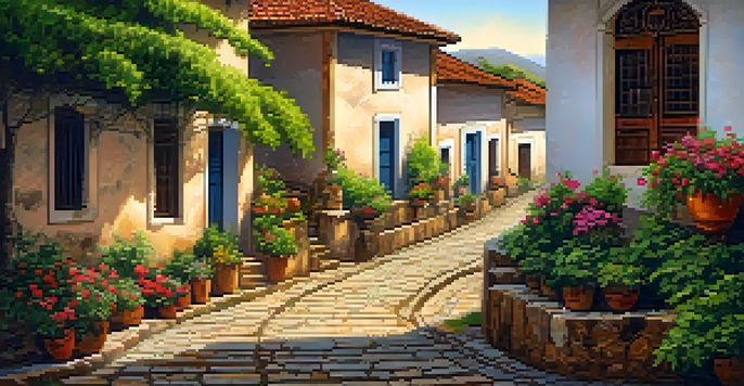 A scenic trail with cobblestone path, lush greenery, and colonial buildings under warm sunlight in Minas Gerais.