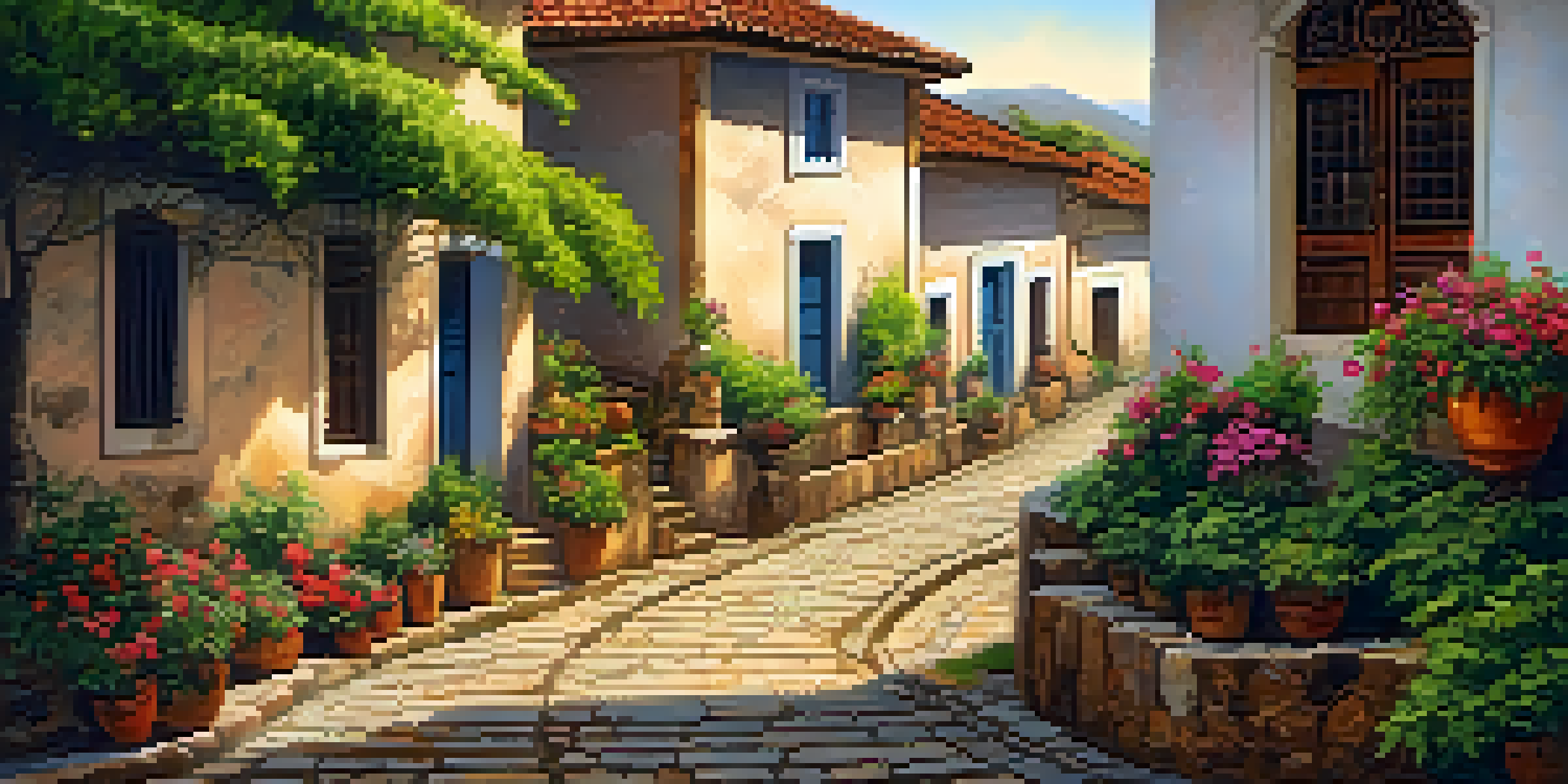 A scenic trail with cobblestone path, lush greenery, and colonial buildings under warm sunlight in Minas Gerais.