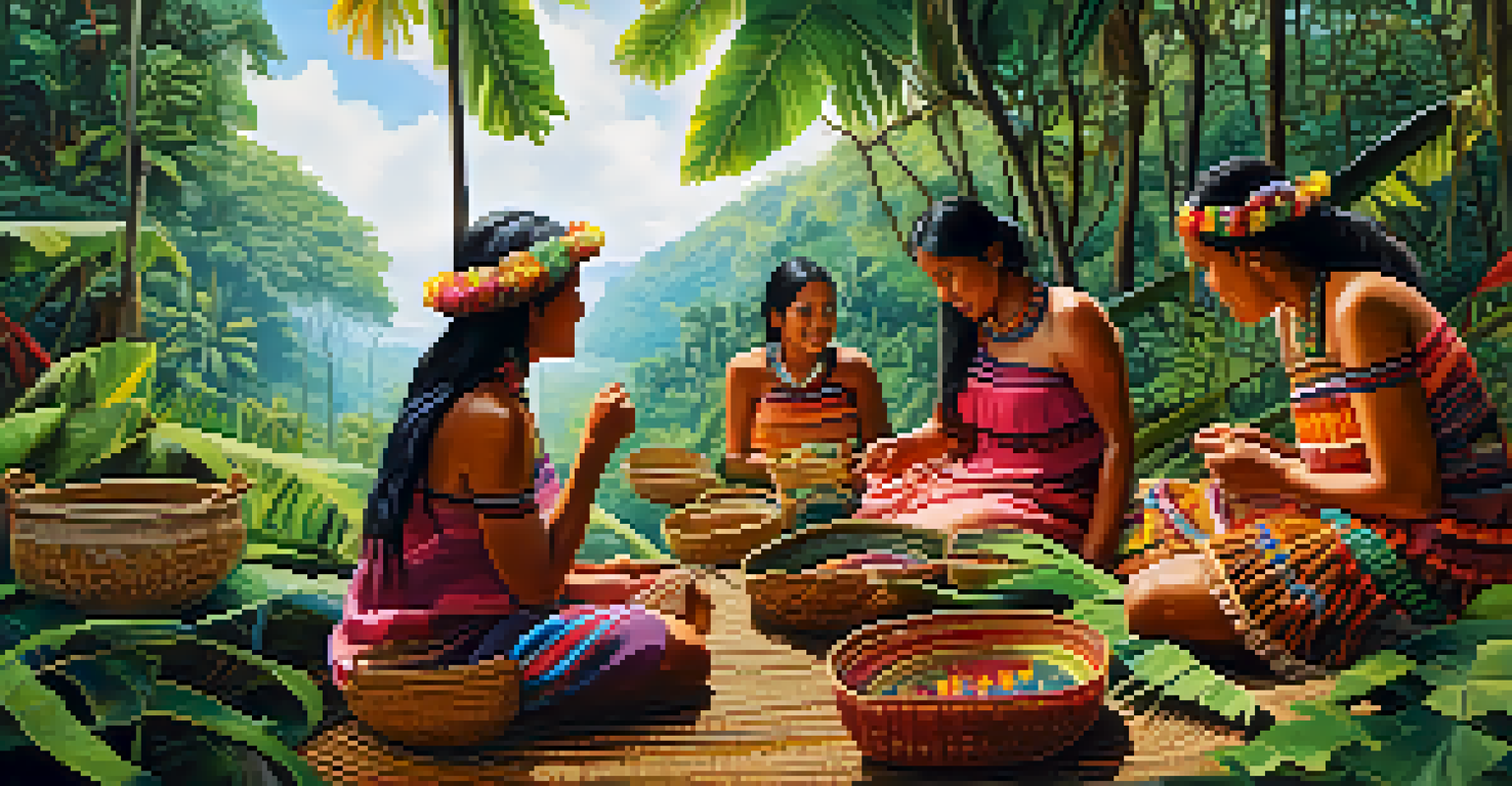 Indigenous community members weaving baskets in the Amazon rainforest, surrounded by lush vegetation.
