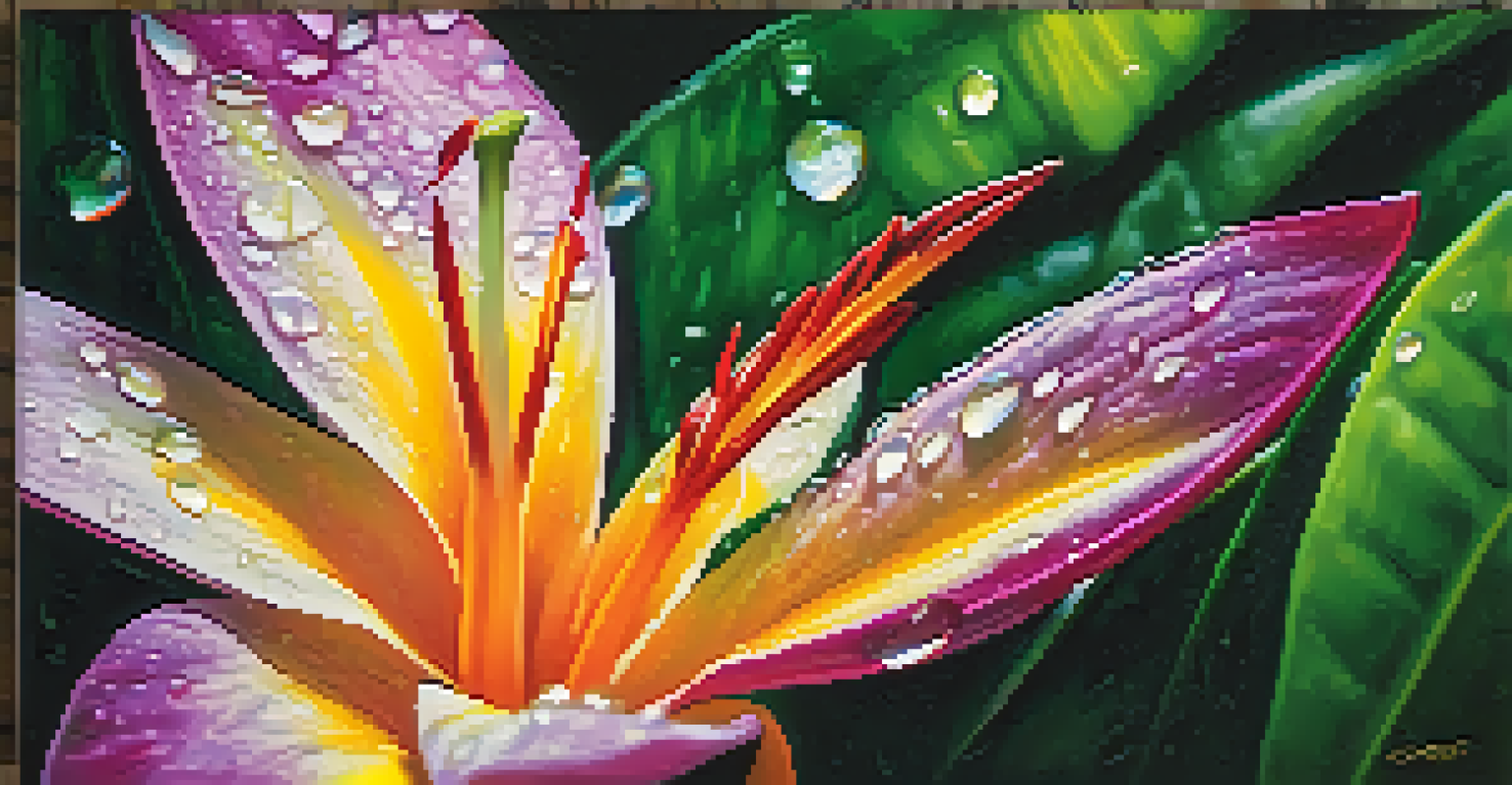 A close-up of a colorful tropical flower with raindrops on its petals, set against lush green leaves, illuminated by soft light.