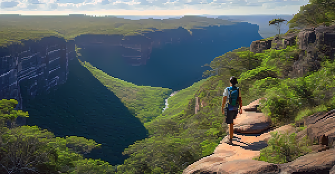 A hiker admires the stunning landscapes of Vale do Pati in Chapada Diamantina, surrounded by deep canyons and waterfalls under a blue sky.