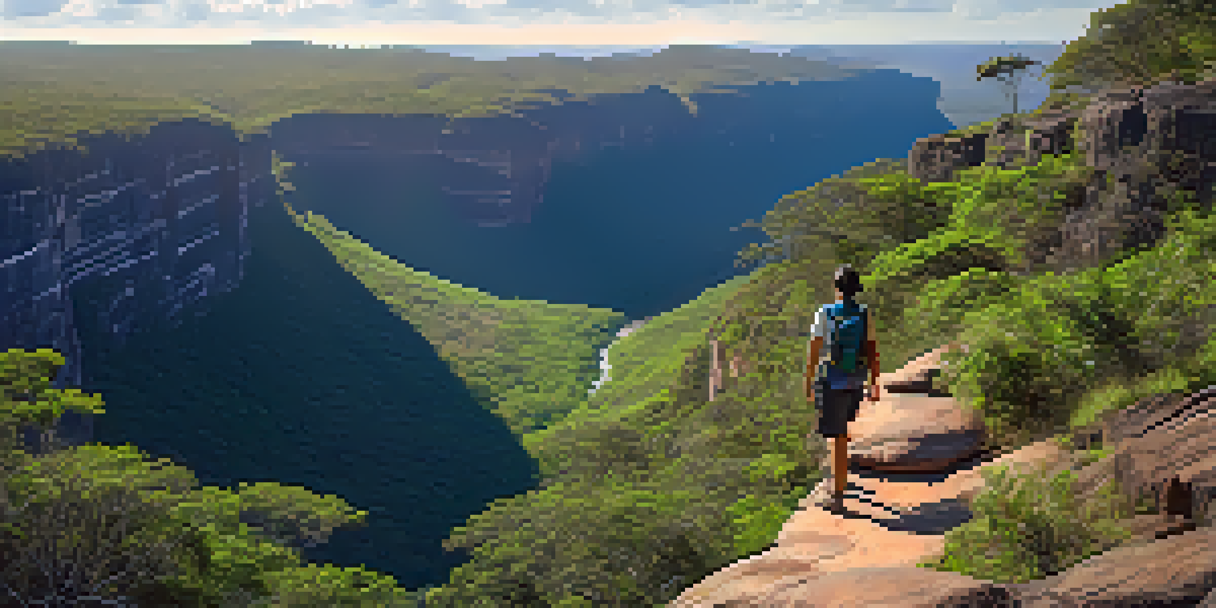 A hiker admires the stunning landscapes of Vale do Pati in Chapada Diamantina, surrounded by deep canyons and waterfalls under a blue sky.