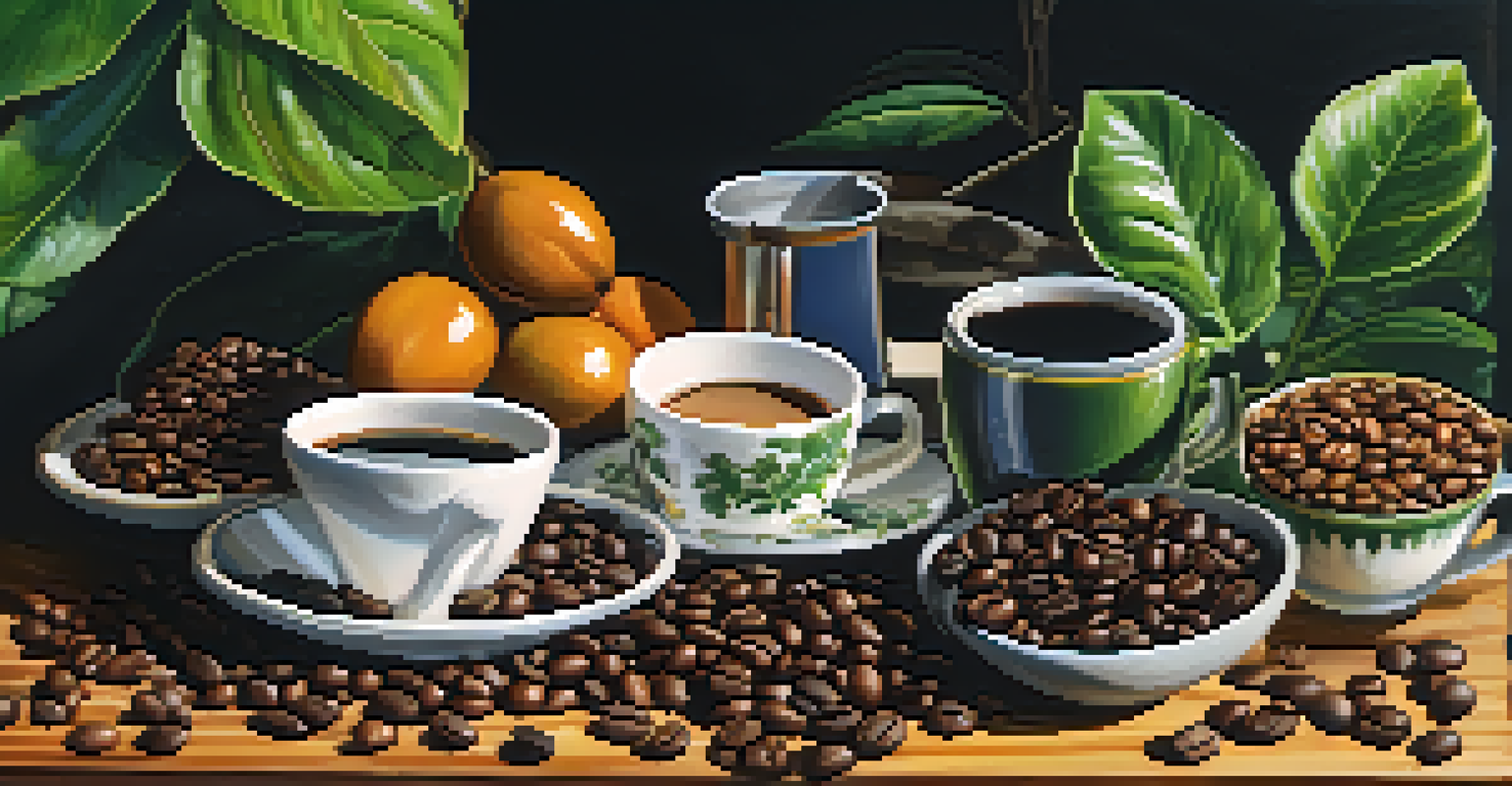 A collection of Brazilian coffee varieties displayed on a table with brewed coffee cups and green foliage in the background.