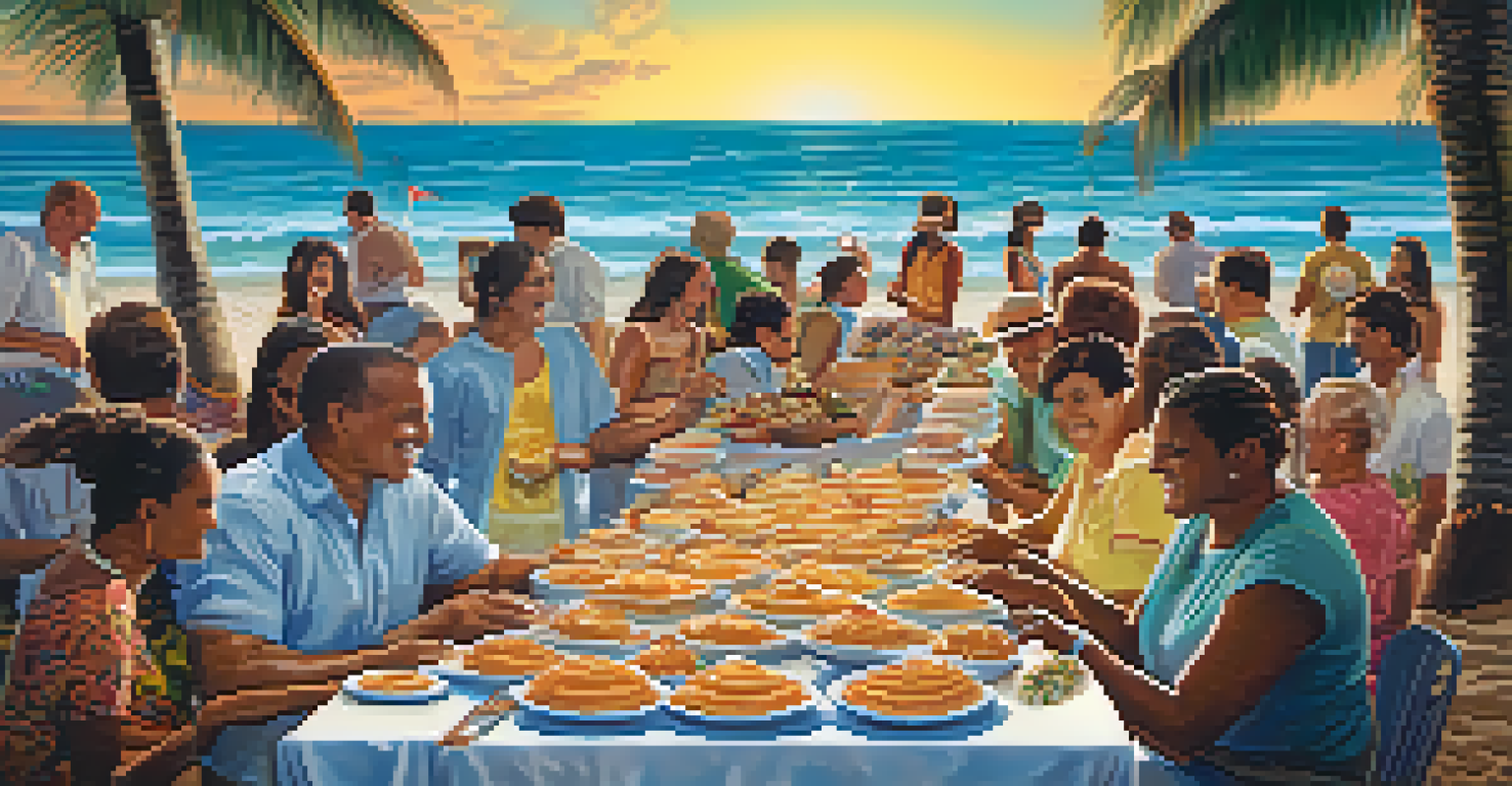 A table filled with Brazilian snacks like pastéis and acarajé during New Year's Eve festivities at the beach.