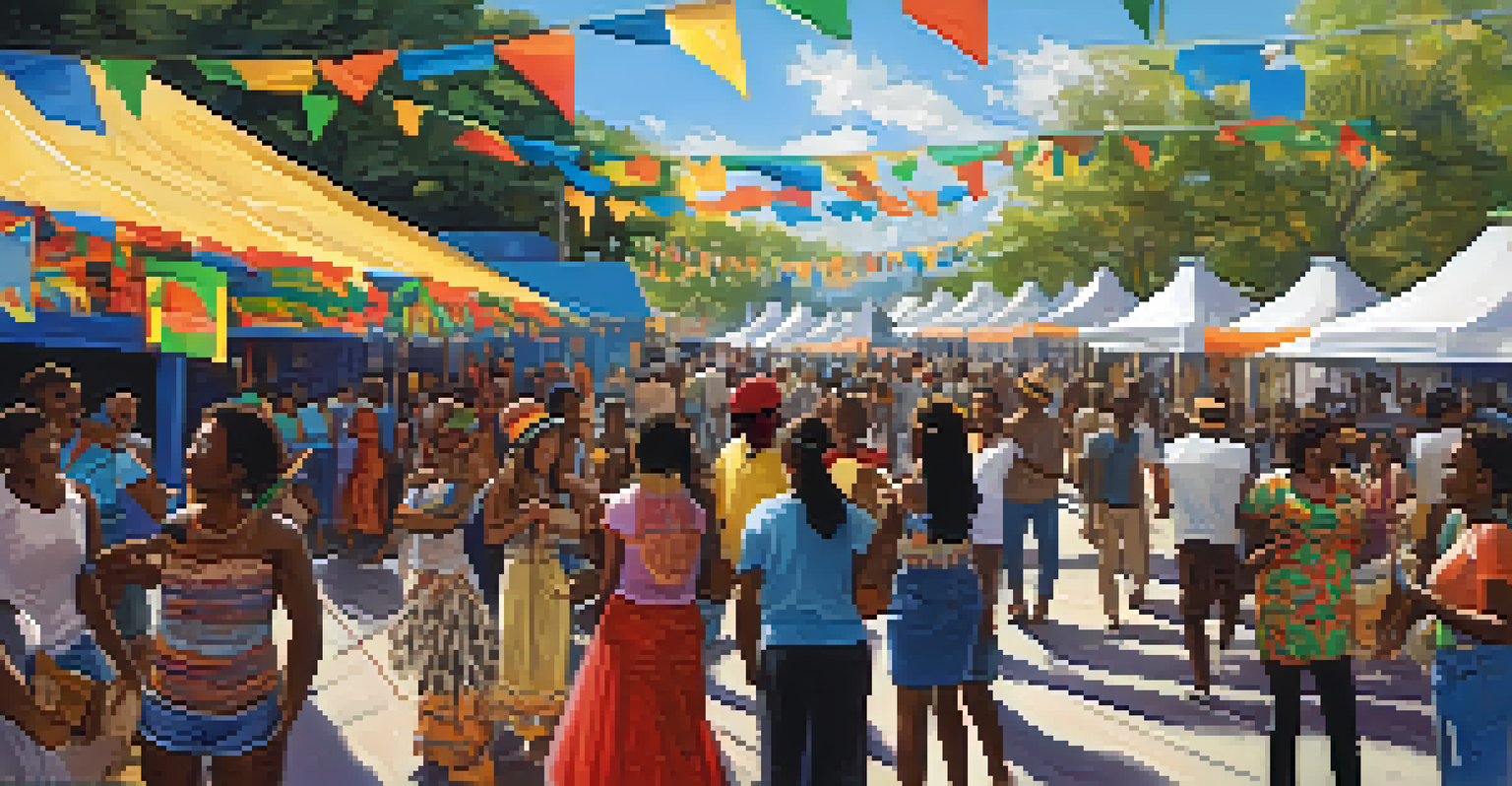 A lively outdoor cultural festival celebrating Afro-Brazilian heritage, with live music, dance, and art displays, set against a bright blue sky.