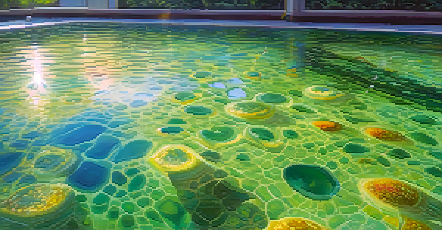 Close-up of mineral-rich thermal spring water with bubbles and colorful deposits, surrounded by green plants.