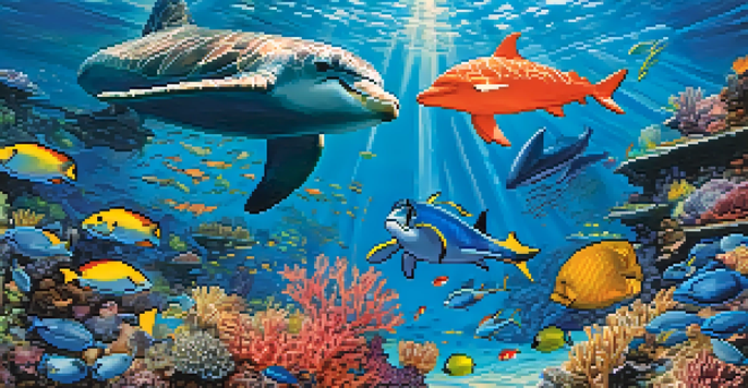 An underwater scene with a coral reef, colorful fish, sea turtles, and a dolphin, illuminated by sunlight in clear blue water.