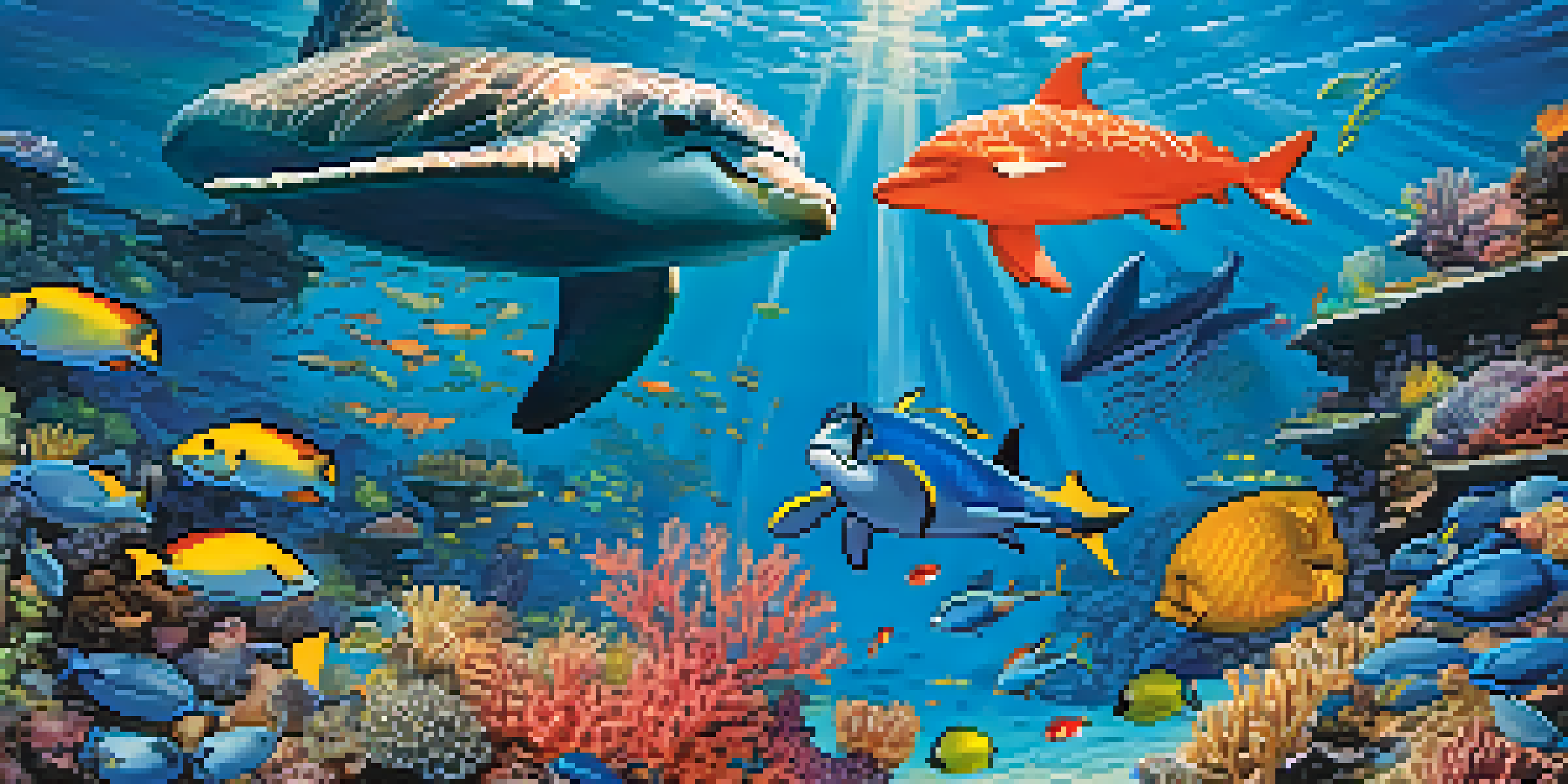 An underwater scene with a coral reef, colorful fish, sea turtles, and a dolphin, illuminated by sunlight in clear blue water.