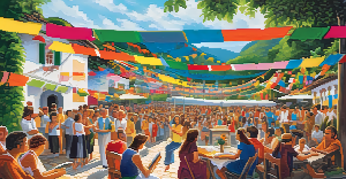 A lively literary festival in Paraty with colorful banners, authors speaking on stage, and attendees enjoying drinks and books amidst colonial architecture and greenery.