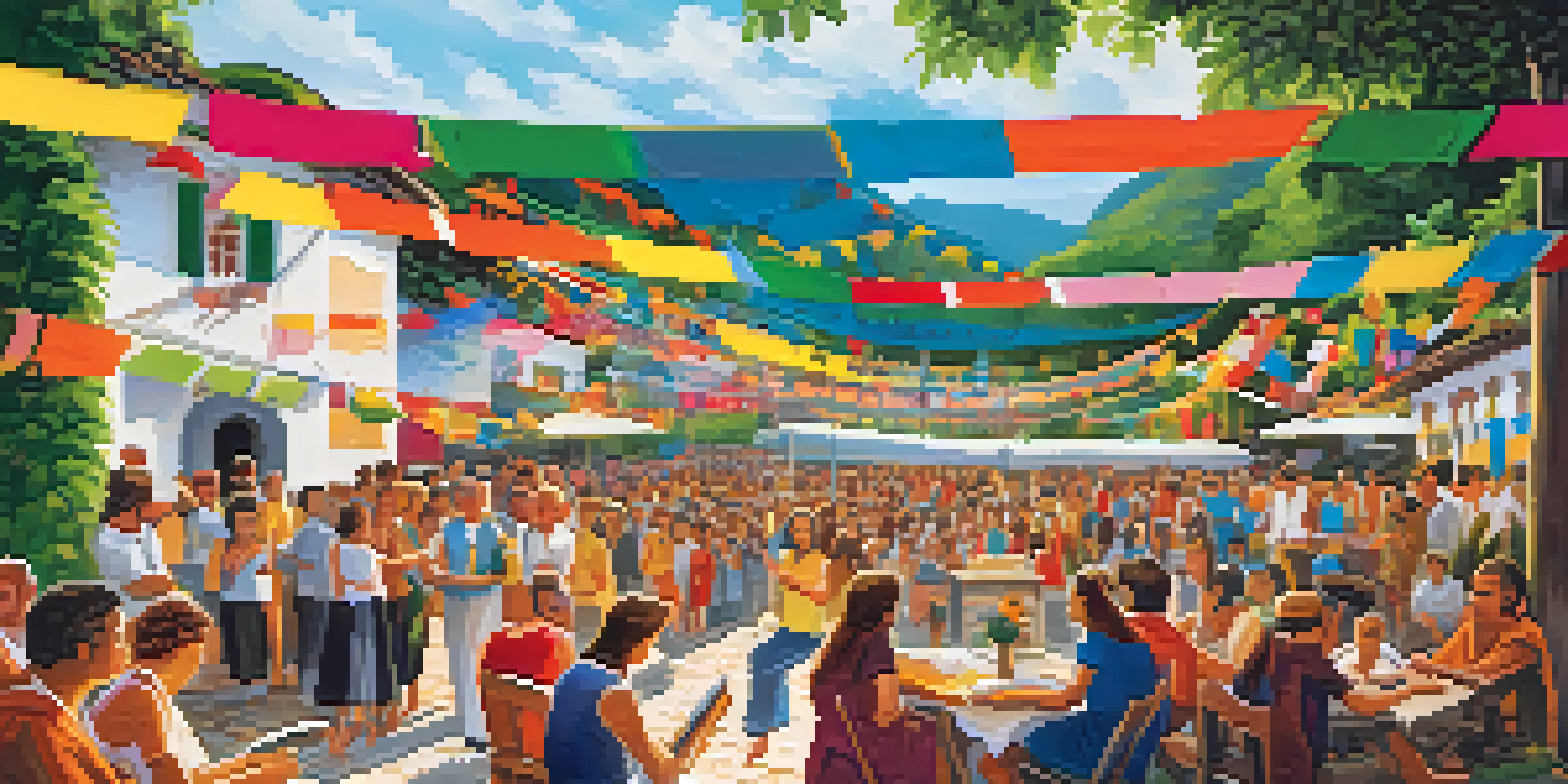 A lively literary festival in Paraty with colorful banners, authors speaking on stage, and attendees enjoying drinks and books amidst colonial architecture and greenery.
